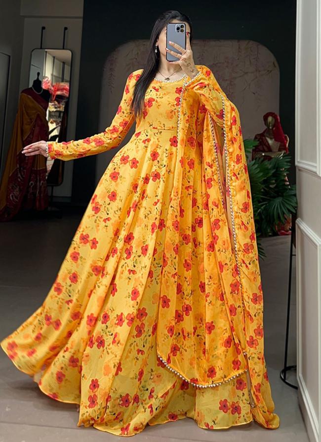 Georgette Yellow Daily Wear Printed Readymade Gown With Dupatta